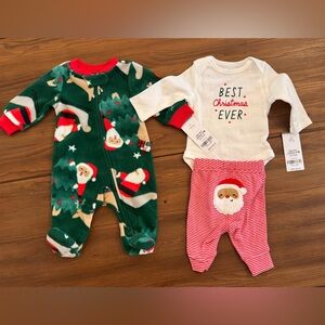 Carter's Green and Red Santa One Piece Set (footie zip up, onesie, pant set)